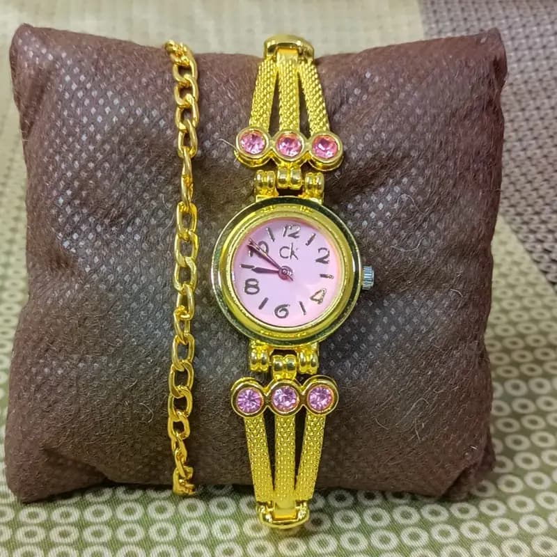 Fashionable Girls Pink Color Dial Watch And Bracelet
